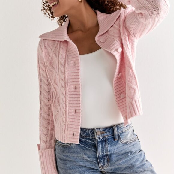 Estela Cable Faux Fur Collar Cardigan Blush - Picture 2 of 11